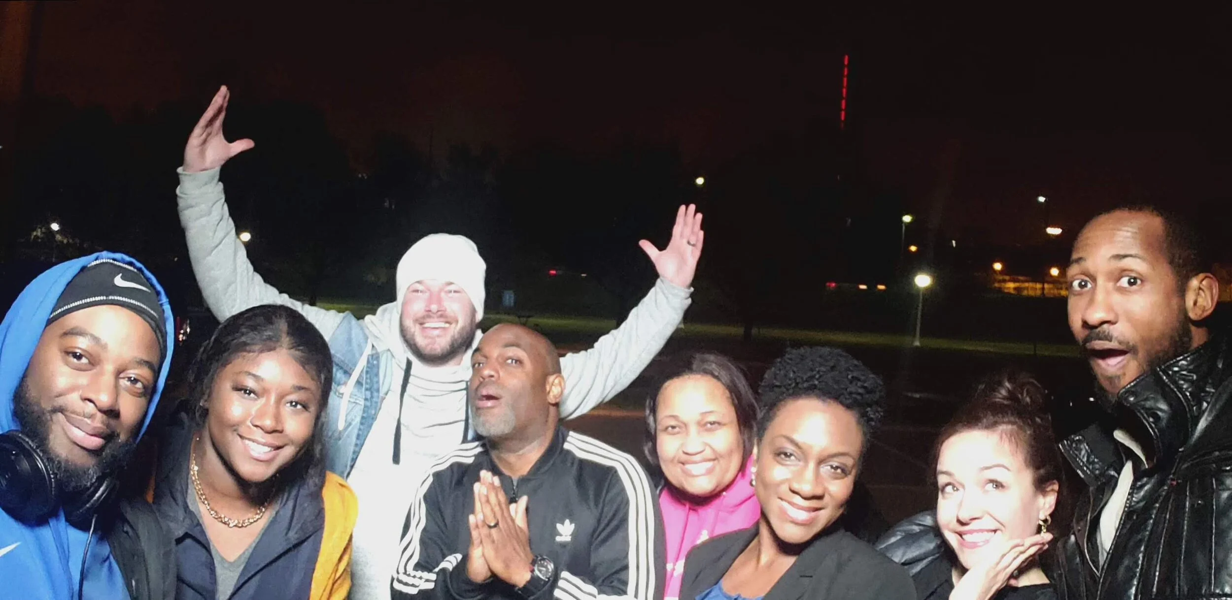 Pictured (from left to right): Vince Reed (Audio), Ravenae Bigsby (Production Assistant), Chris Benninger (Producer), Devon V. Collins (Director/Editor), Diane Rhynes (Script Supervisor), Crystle Paynther (Lead Actress, “Nina”), Kylee Cook (Makeup), Michael Head (Lead Actor, “Don”)