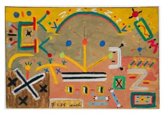   This piece is by Ken Bridges. Ken works on cardboard using craypas. He uses bold colors with personal symbols throughout his works..  