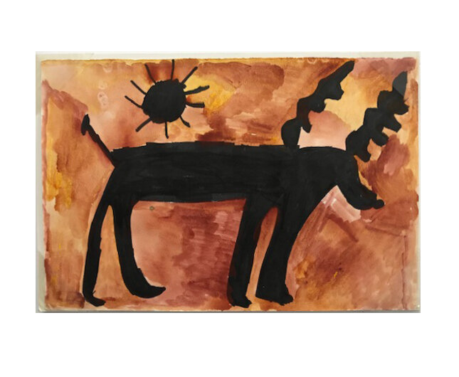  Elaine Baldwin’s work on paper combines bold black images upon a field of contrasting watercolor. 