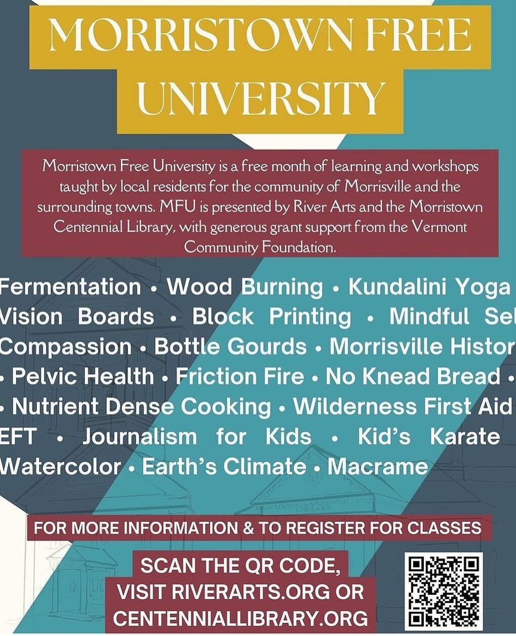 ✨REGISTRATION IS OPEN! ✨
Morristown Free University is a free month of learning and workshops taught by local residents for the community of Morrisville and the surrounding towns. MFU is presented by River Arts and the Morristown Centennial Library, 
