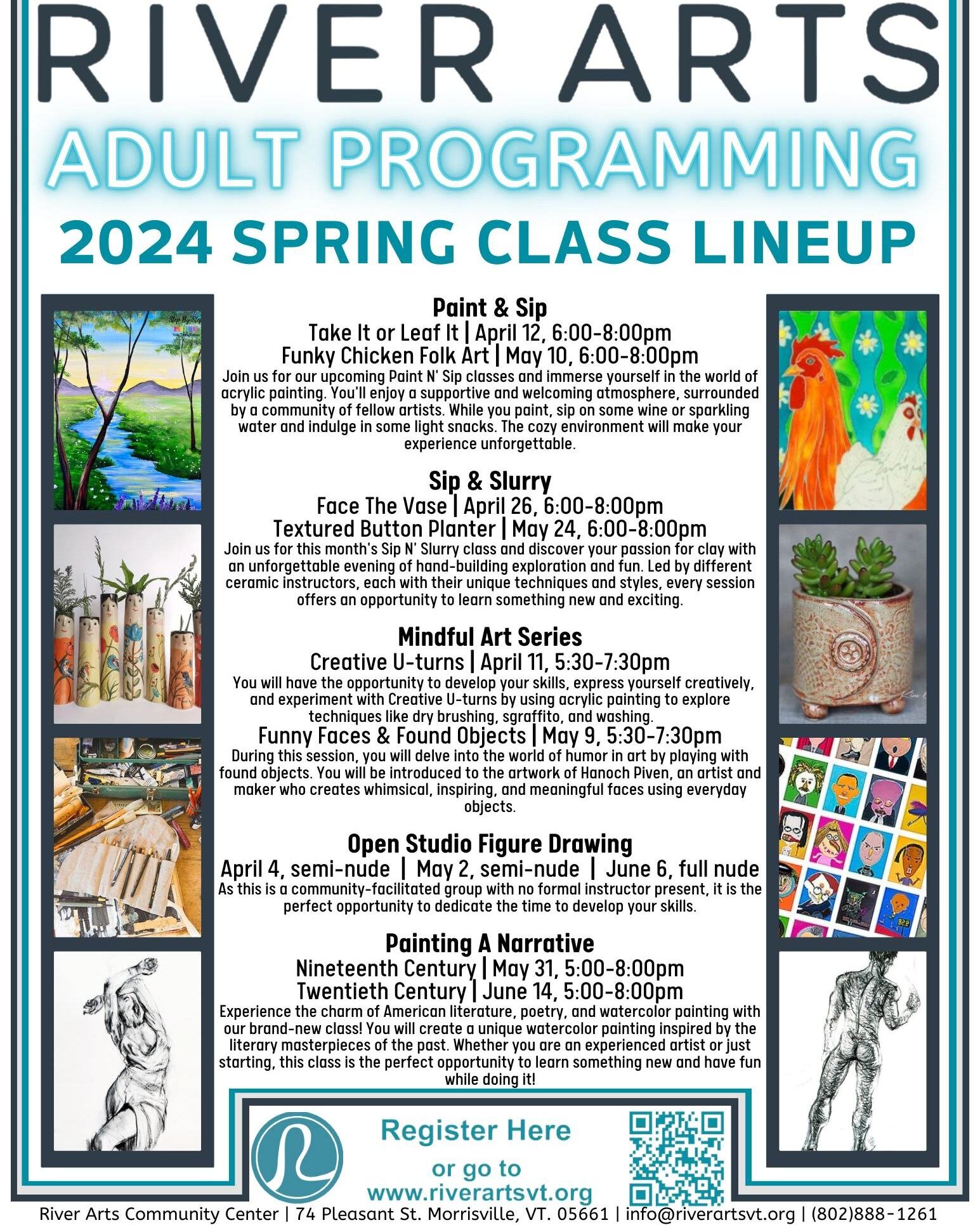 😍 Spring Series 3 for Adult Art Programming is now open for online registration! 🥳

From painting to clay hand-building, drawing, poetry, watercolor and more...
Our class line-up is the perfect opportunity to learn something new, hone in on your cr