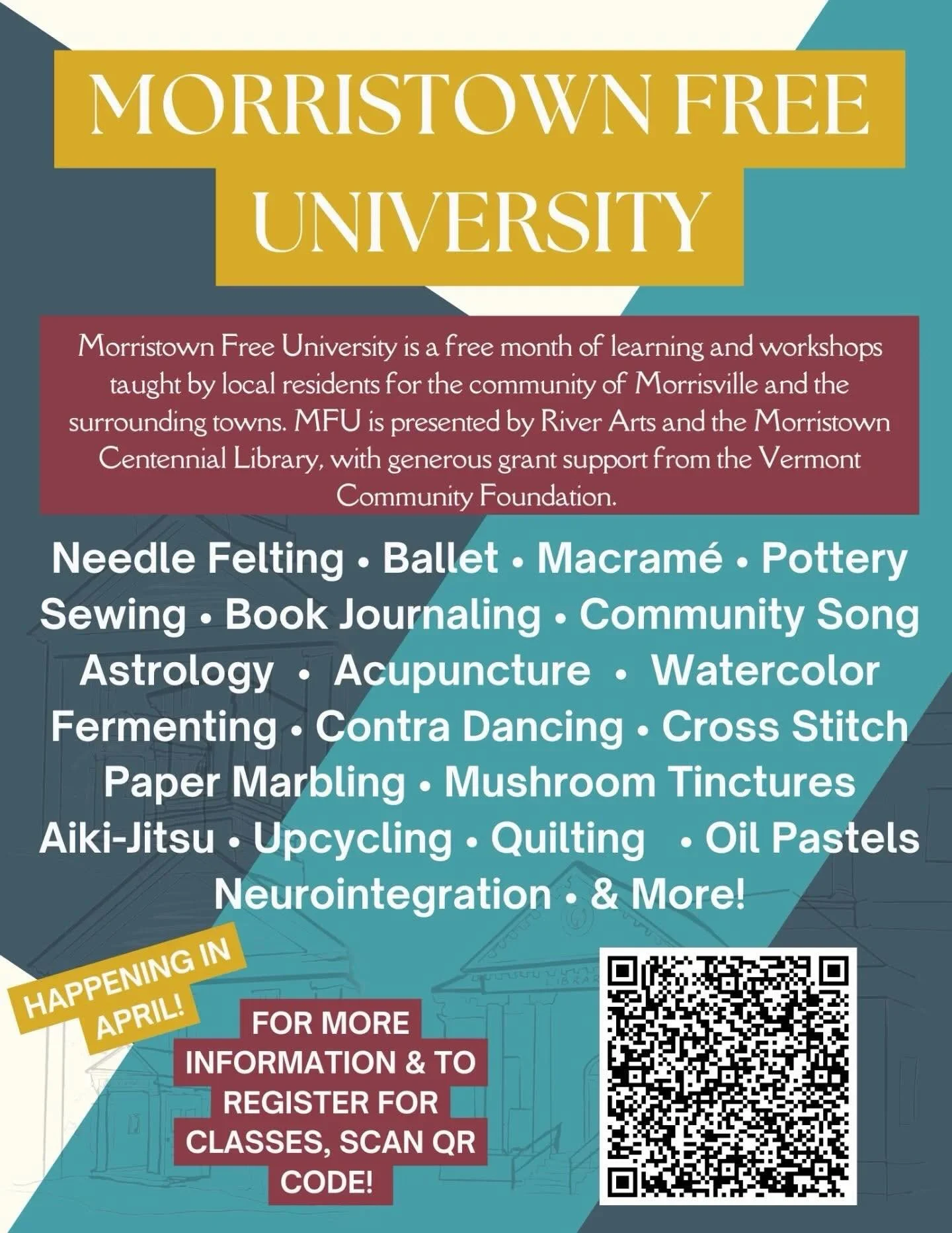 River Arts &amp; Morristown Centennial Library Presents: Morristown Free University 2026! 🎓🎉

This April, thanks to the The Vermont Community Foundation, we have a large schedule of classes for kids and adults alike, all led by members of our commu