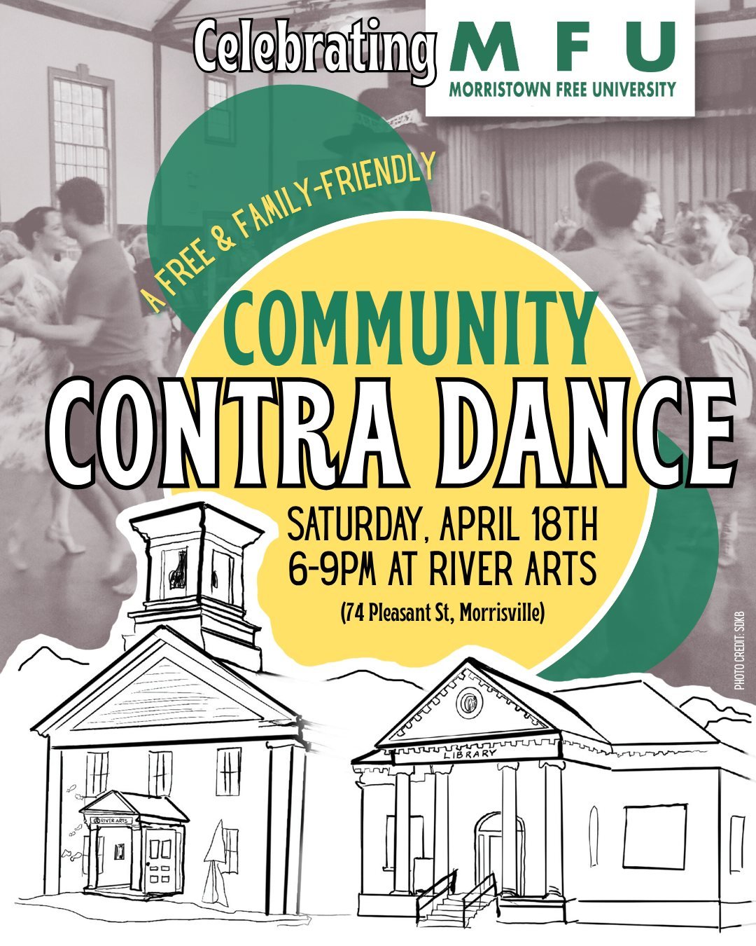 Join Atlantic Crossing and their folksy tunes with caller Nils Fredland as they lead us through contra dancing! No experience necessary. All ages welcome.

Community Contra Dance to Celebrate MFU (Morristown Free University)! 
Saturday, April 18th
6: