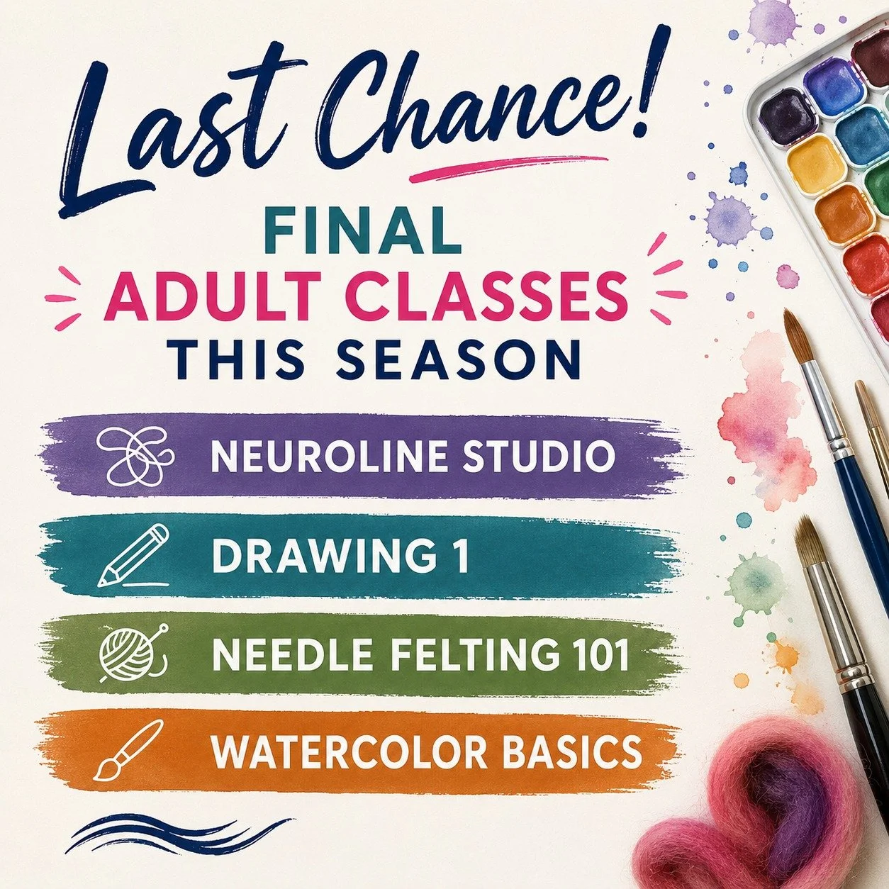 LAST CHANCE FOR ADULT CLASSES THIS SEASON! 

We still have a few spots open in our upcoming classes at River Arts&mdash;and these are the final adult workshops before we switch into Summer Camp mode! ☀️

If you&rsquo;ve been meaning to join us, now&r