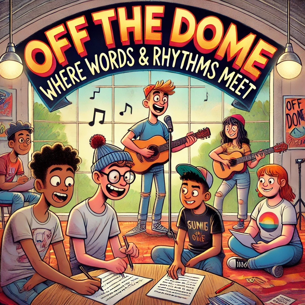 DALL·E+2025-03-21+14.01.14+-+A+fun+and+colorful+cartoon-style+illustration+of+the+'Off+the+Dome_+Where+Words+&+Rhythms+Meet'+summer+camp.+A+small+group+of+teenagers+is+engaged+in++1.png