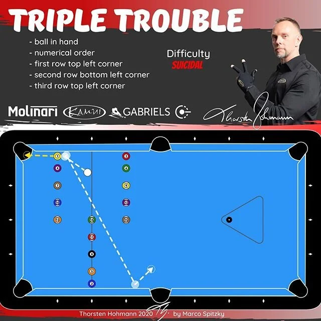 Triple Trouble! Check out my last drill video on YouTube and Facebook! 🎱🔥🔥🔥 @molinaricues @kamui_brand @gabrielsbilliards @cuelab.co @deutschebillardjugend 
https://youtu.be/G8ueZrk3XPI

https://www.facebook.com/303174265066/posts/101579342773700