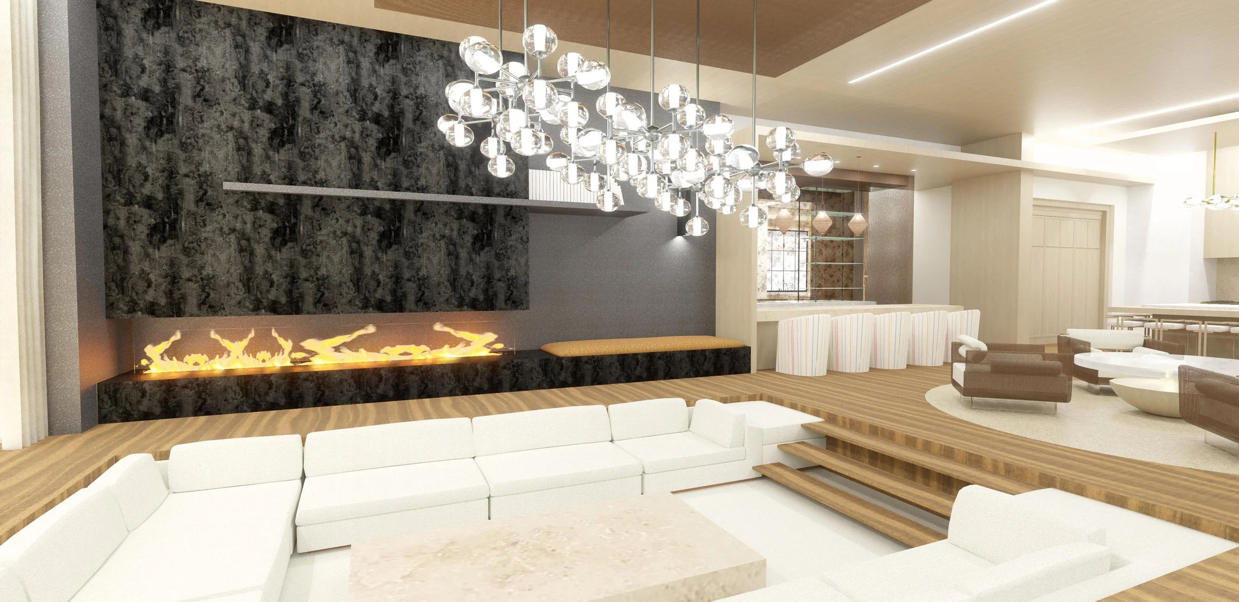 3D rendering of the sunken lounge with white sectional and black stone fireplace wall in a Dana Point residence