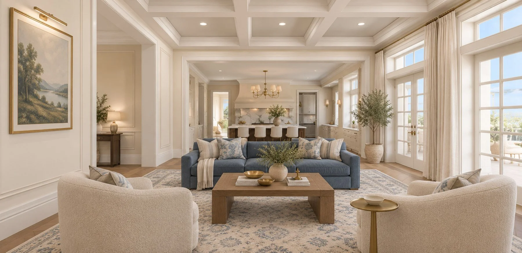 3D rendering of the great room and kitchen for a new custom home in Laguna Beach, with coffered ceilings and French Country design by LUXYSPACE