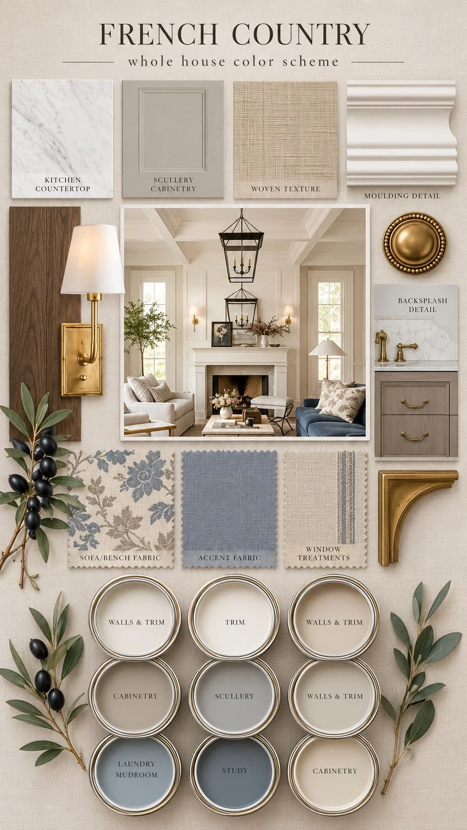 French Country whole-house design board with finishes, fabrics, hardware and paint colors for a Laguna Beach custom home by LUXYSPACE