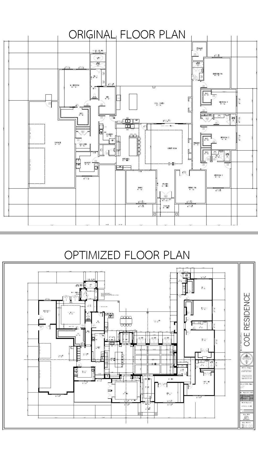 Original and optimized floor plans for a Laguna Beach new construction home, showing the LUXYSPACE floor plan optimization