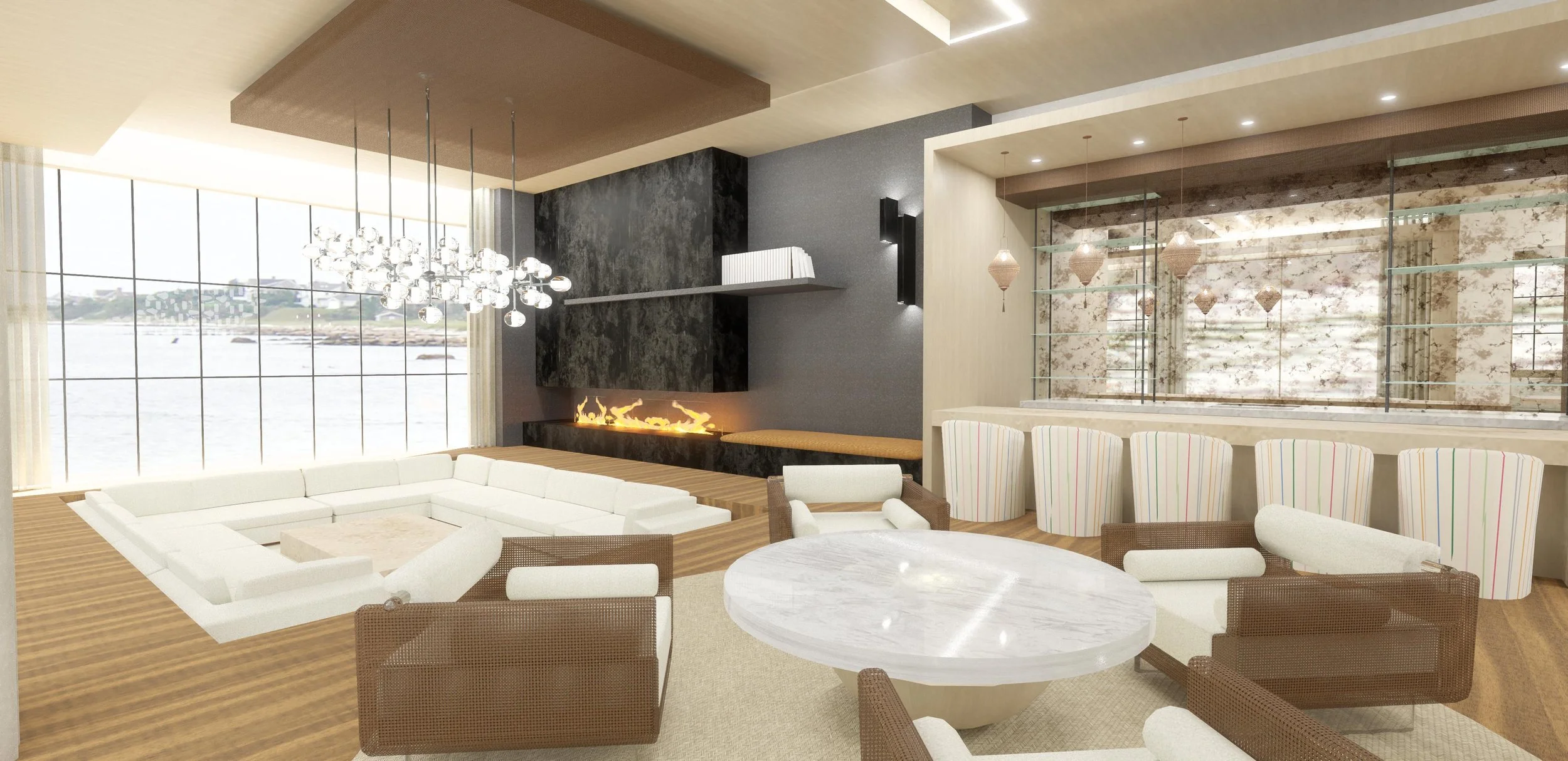 3D rendering of an oceanview great room in Dana Point with a sunken lounge, linear fireplace and bar seating