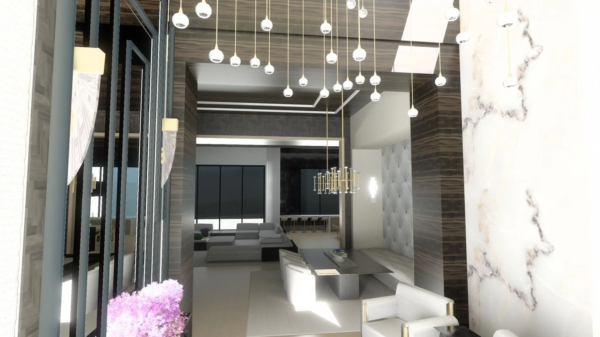 3D rendering of the entry looking into the dining room and great room of a Coto de Caza new construction home by LUXYSPACE
