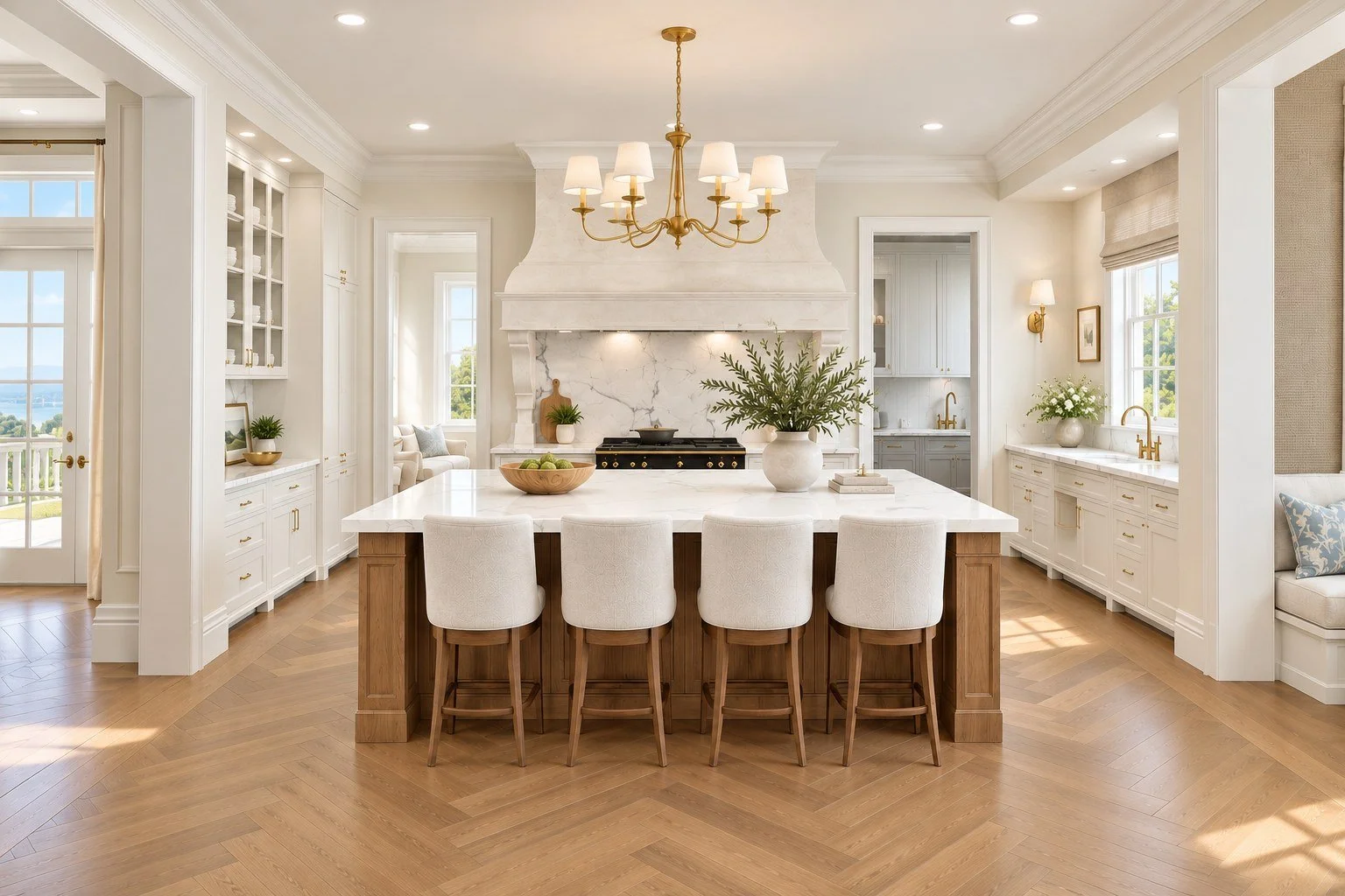 3D rendering of the kitchen with a stone range hood, marble island and walnut base for a Laguna Beach custom home designed by LUXYSPACE