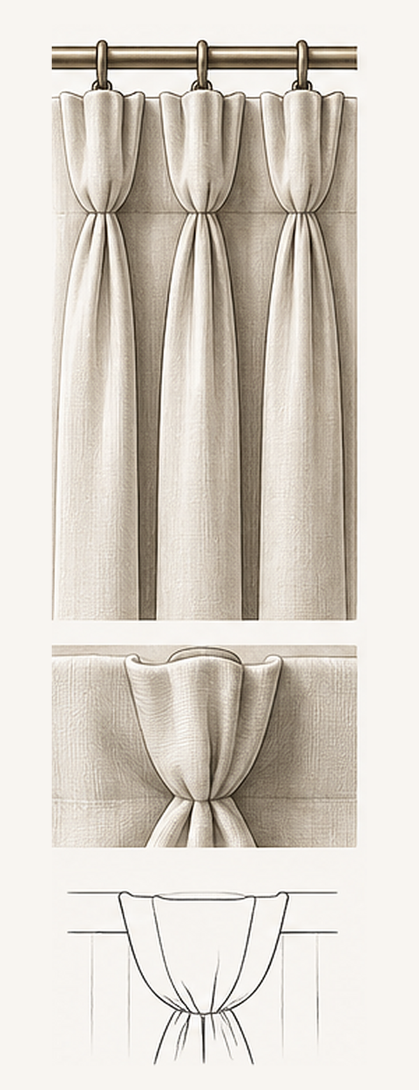 GOBLET PLEAT | A rounded, cup-shaped pleat tacked at the base. Formal and sculptural, with rich volume.