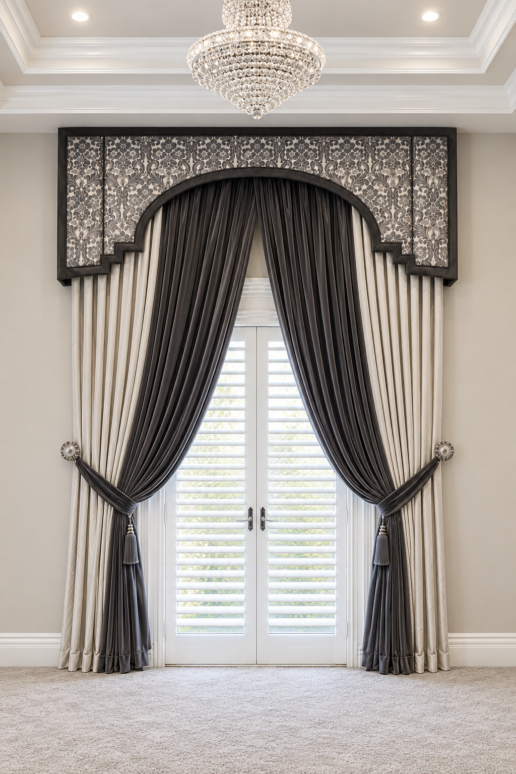 Arched upholstered cornice with layered black and ivory drapery and tiebacks by LUXYSPACE