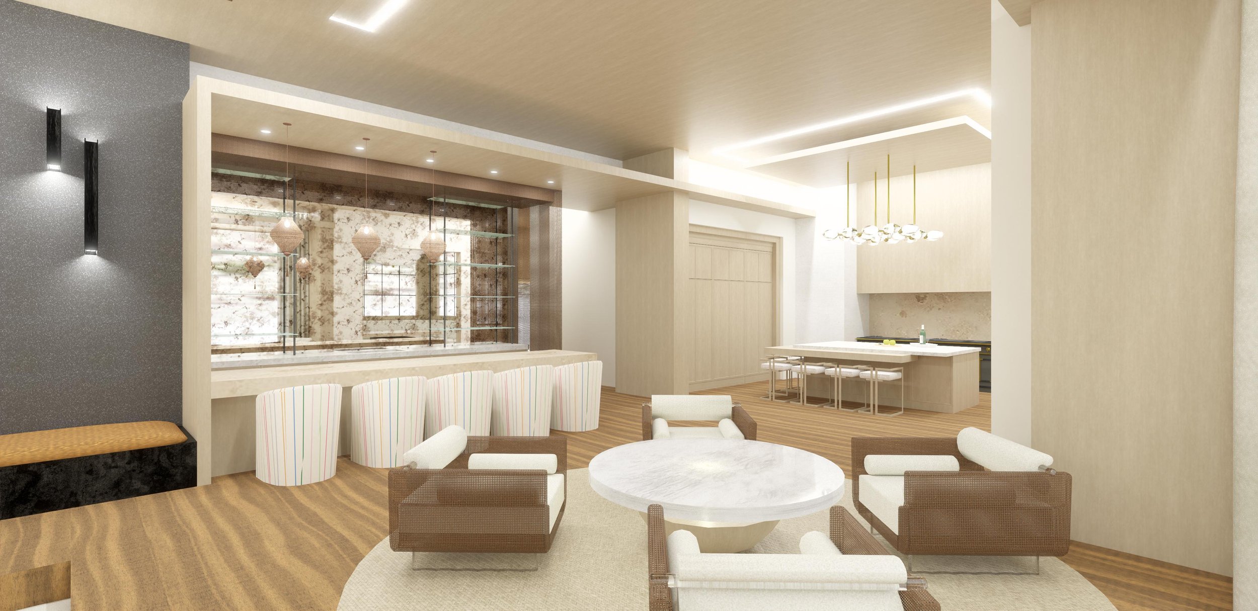 3D rendering of the open great room with bar, breakfast nook table and kitchen beyond in a Dana Point ocean view home