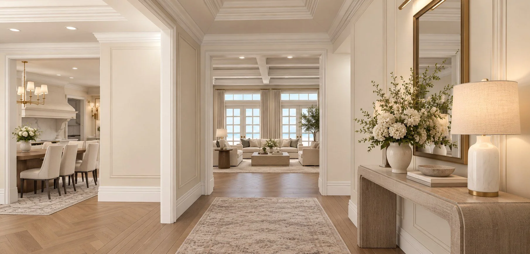 3D rendering of the entry hall looking into the great room and dining room of a Laguna Beach new construction home by LUXYSPACE