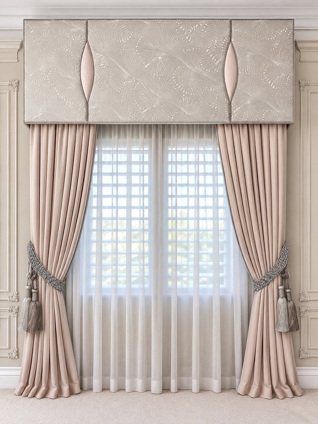 Blush custom drapery with an upholstered cornice, beaded tiebacks and sheers by LUXYSPACE