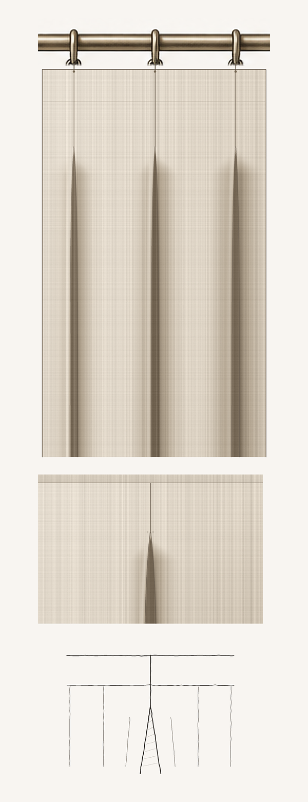 INVERTED BOX PLEAT | Folds turned to the back so the front stays flat and tailored. Ideal for stationary panels and clean, architectural rooms.
