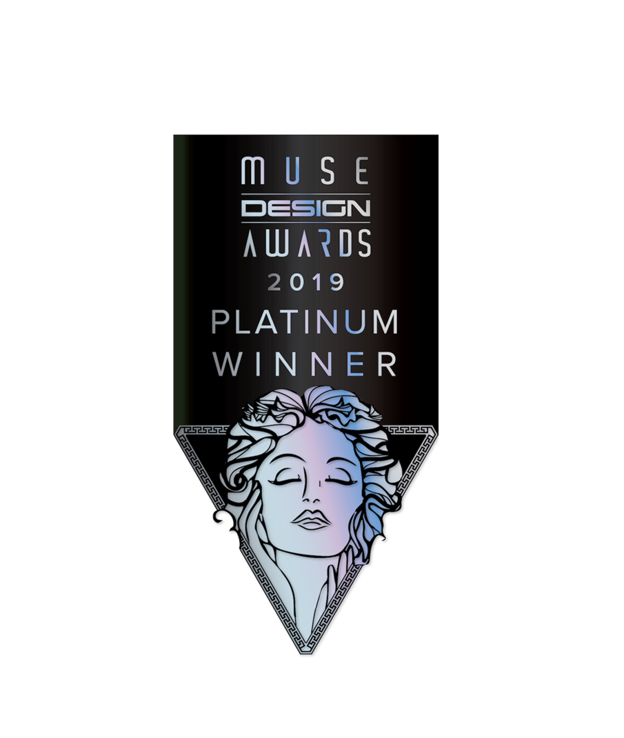 A vertical award badge for the 2019 Muse Design Awards, indicating a platinum winner. The badge features a stylized illustration of a woman's face with her eyes closed, surrounded by a decorative triangular border.