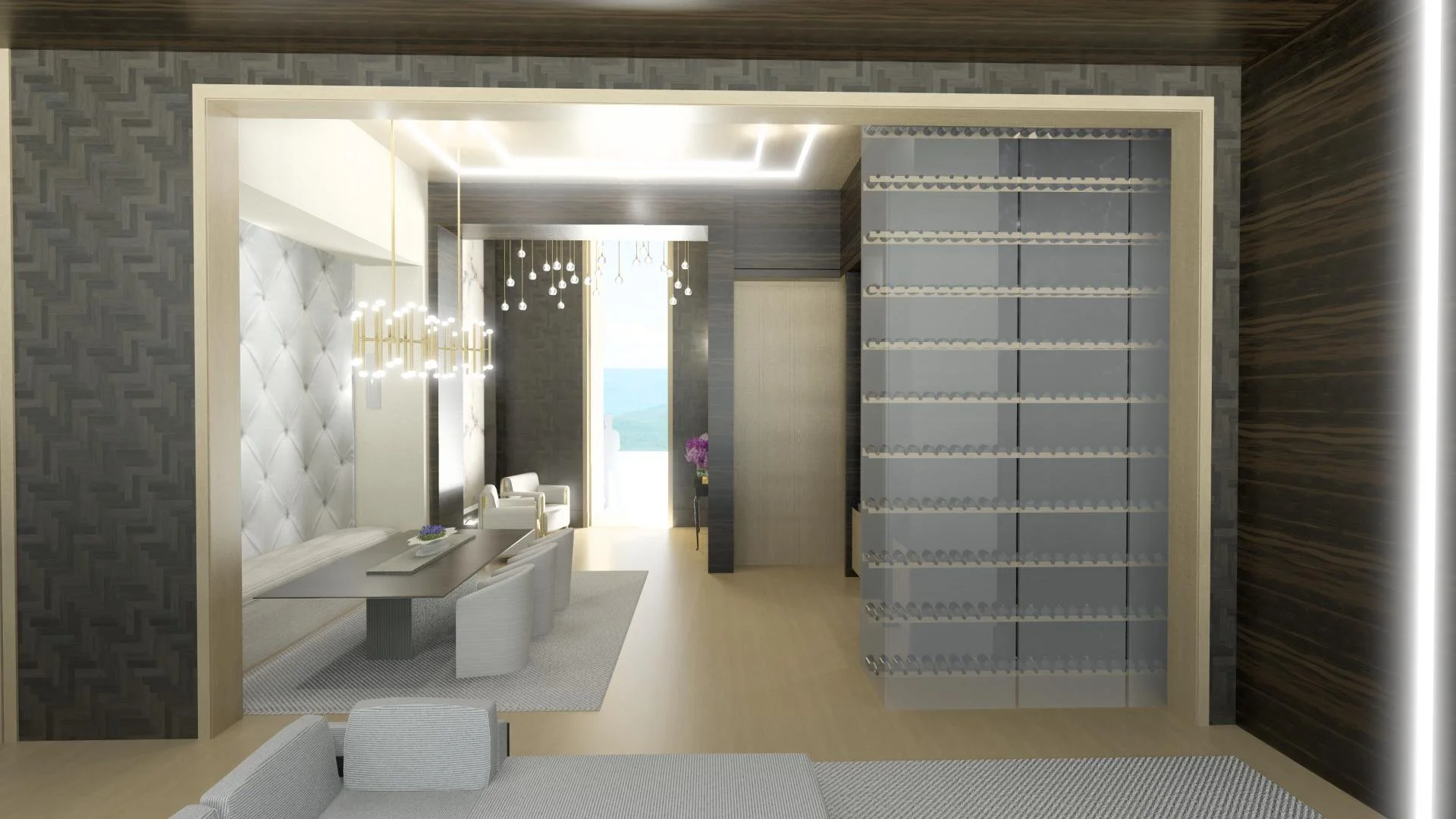 3D rendering of the dining room and glass wine wall in a Coto de Caza custom home designed by LUXYSPACE