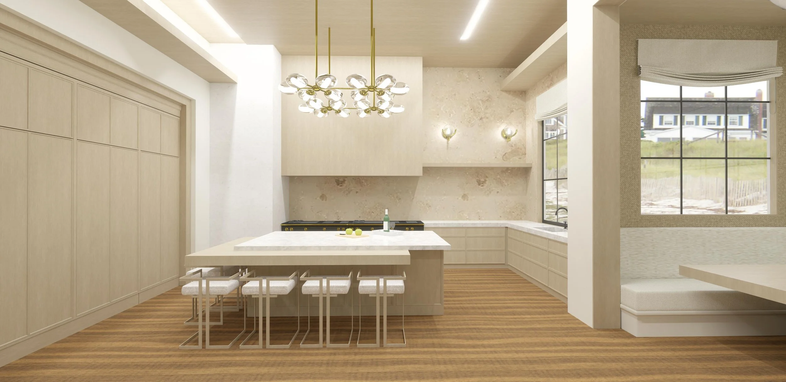 3D rendering of the redesigned kitchen with a white island, brass pendant and counter seating in a Dana Point home