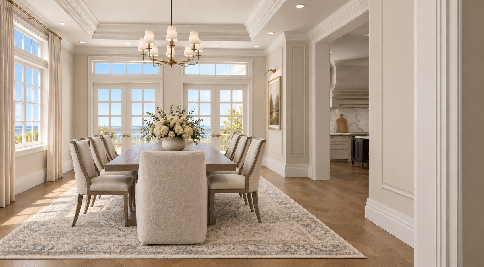 3D rendering of the dining room with French doors and a brass chandelier in a Laguna Beach new construction home by LUXYSPACE