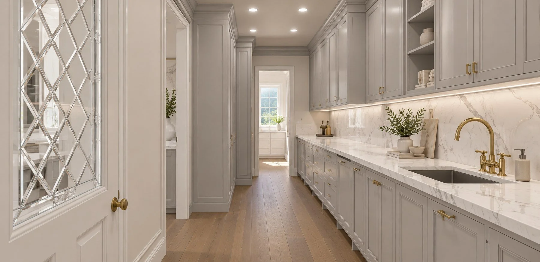 3D rendering of the scullery with gray inset cabinetry, marble counters and brass hardware for a Laguna Beach custom home by LUXYSPACE