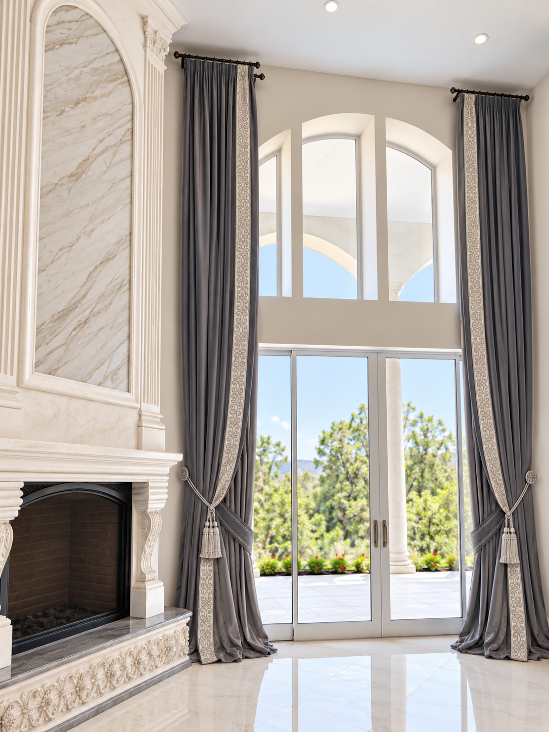 Gray custom drapery with patterned banding and tassel tiebacks on two-story windows by LUXYSPACE