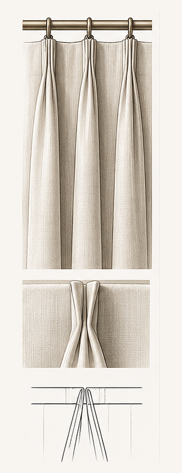 EURO PLEAT (TOP-TACK) | Folds tacked at the very top so they fan open below. Clean and sophisticated, with a relaxed drape.