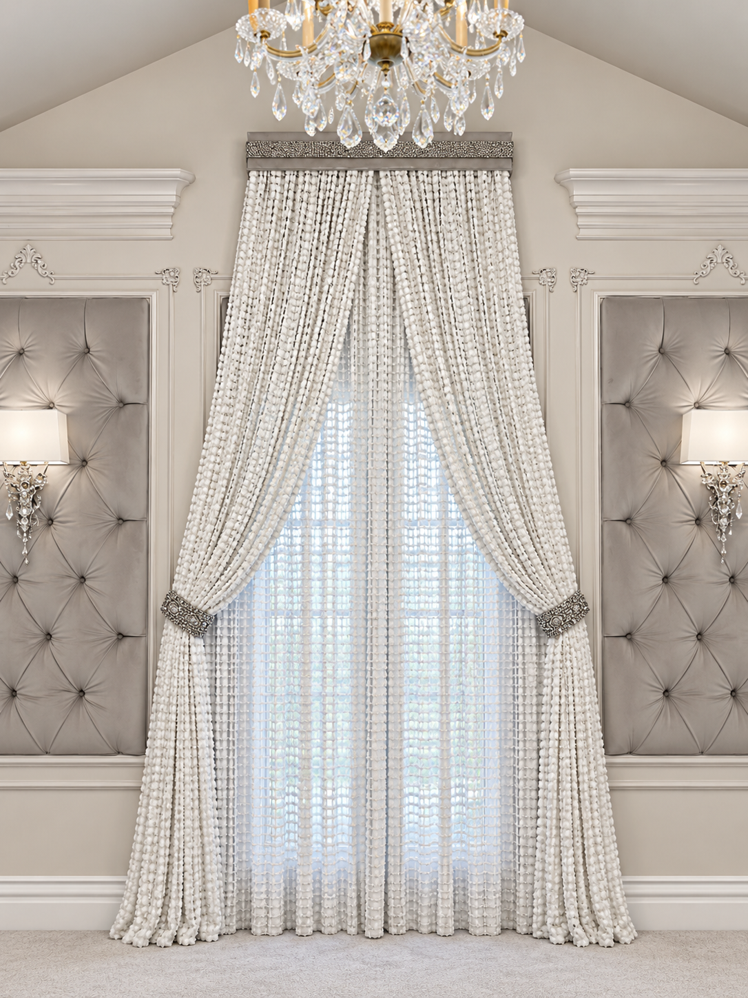 Beaded sheer drapery with a jeweled cornice and tiebacks by LUXYSPACE