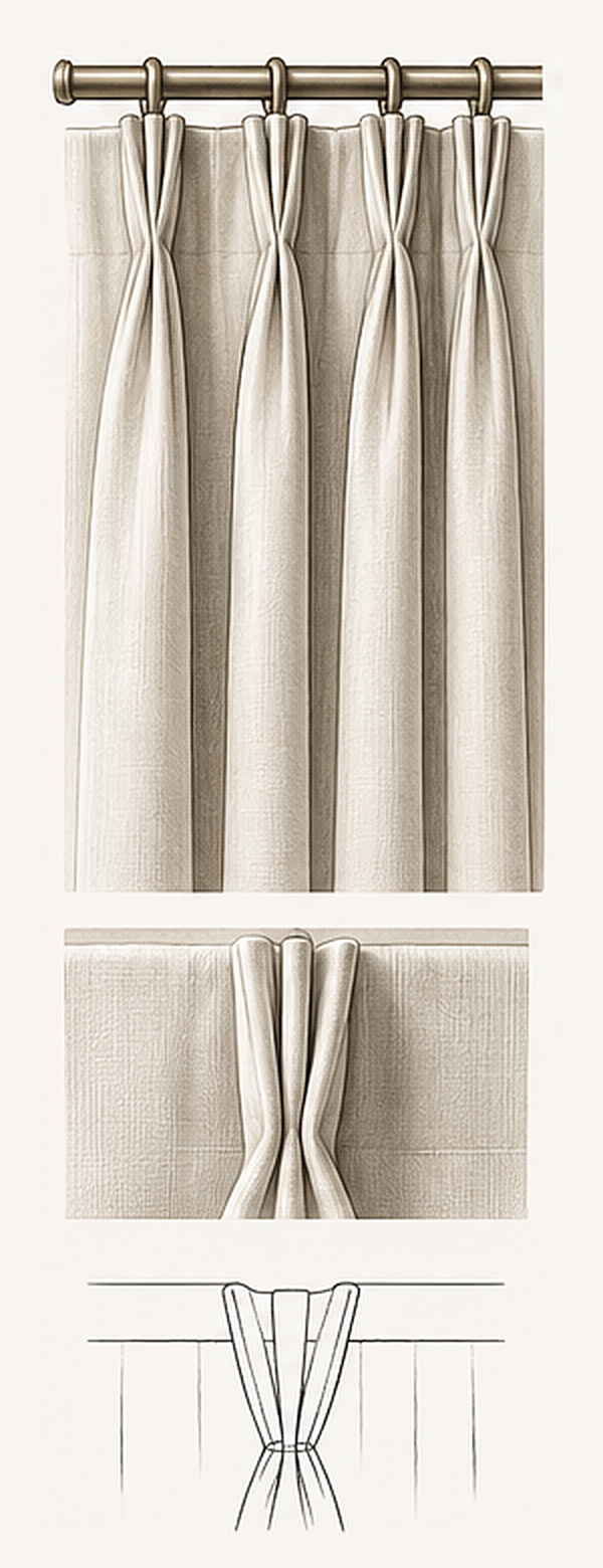TRIPLE PINCH PLEAT | Three folds stitched together at the base for a classic, tailored look with full, elegant folds.