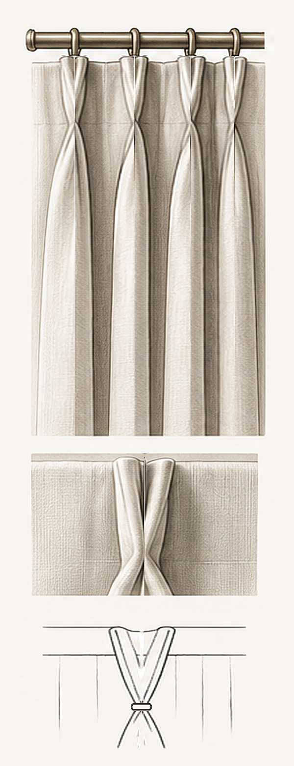 DOUBLE PINCH PLEAT | Two folds stitched together at the base. Tailored but softer than a triple pinch, and versatile in any style of room.