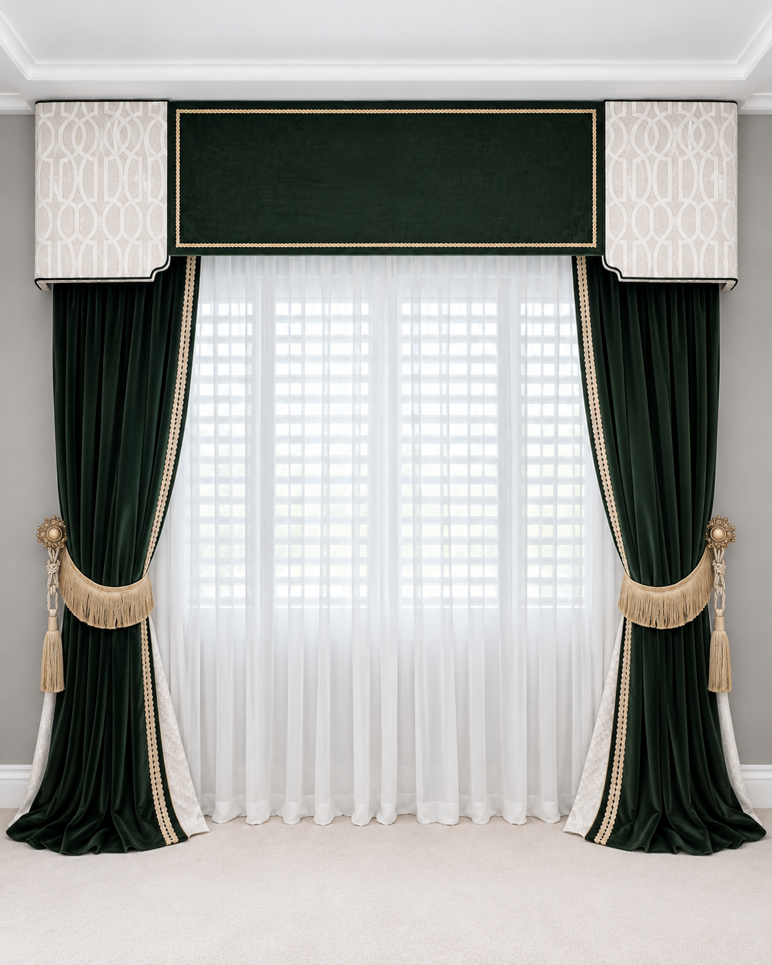 Green velvet custom drapery with gold trim, tassel tiebacks, an upholstered cornice and sheers by LUXYSPACE
