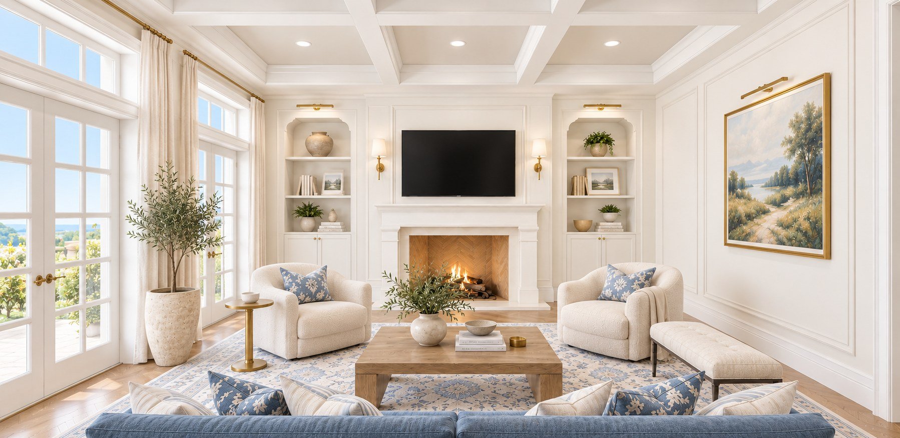 3D rendering of the living room with a limestone fireplace, built-in shelves and custom drapery in a Laguna Beach new construction home by LUXYSPACE