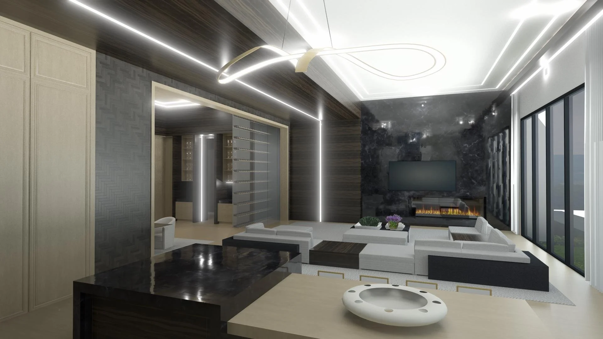 3D rendering of the great room for a new custom home in Coto de Caza, with a marble fireplace wall, glass wine wall and open layout by LUXYSPACE