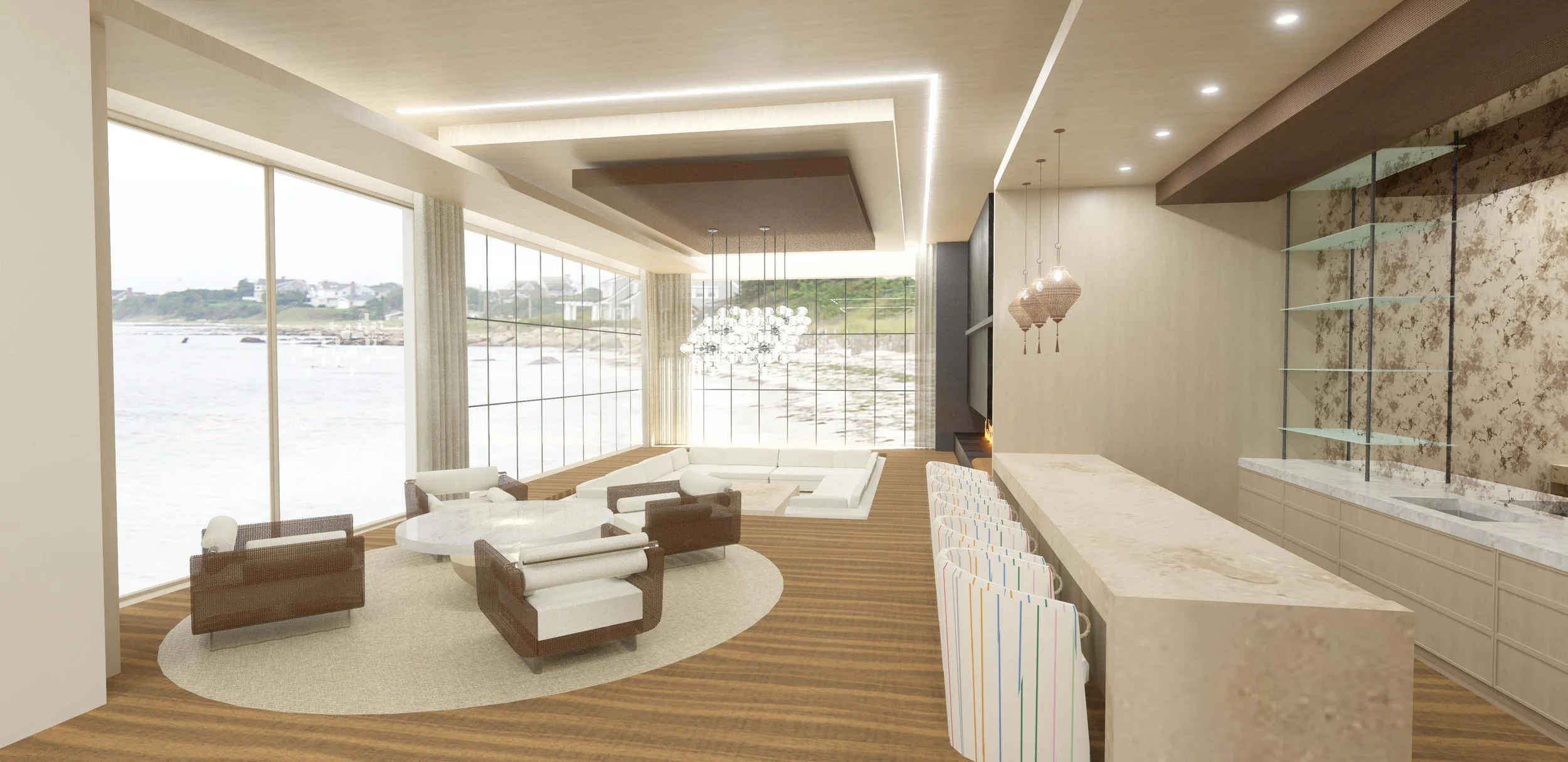 3D rendering of the open living area with floor-to-ceiling ocean view windows in a Dana Point home designed by LUXYSPACE