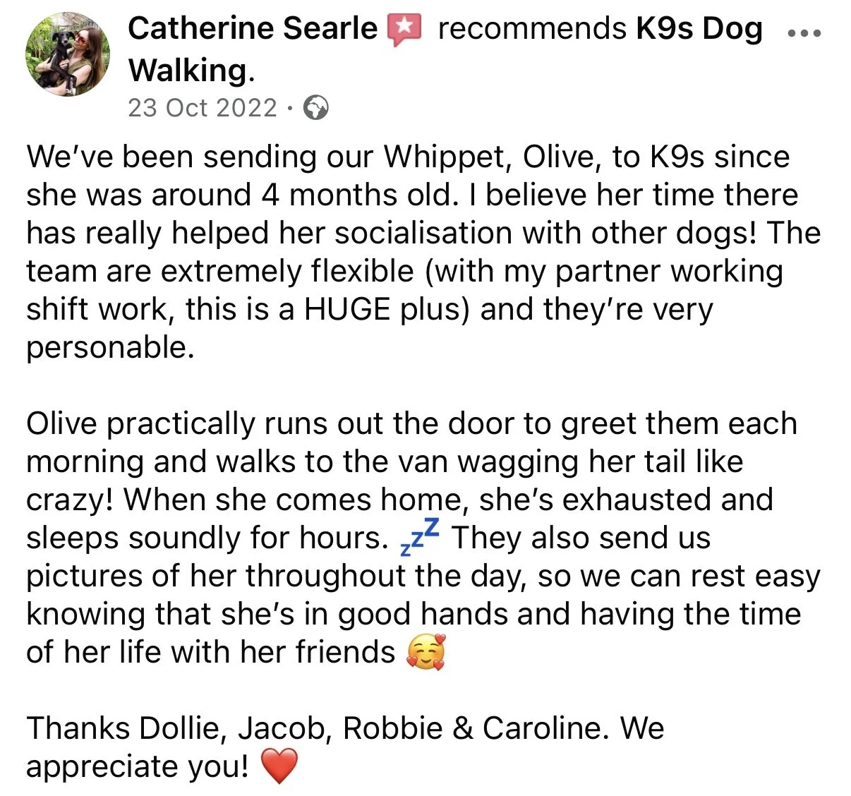 Text-based post about sending a dog named Olive to K9 training, describing her socialization, walks, and sleeping habits, with gratitude to her trainers.