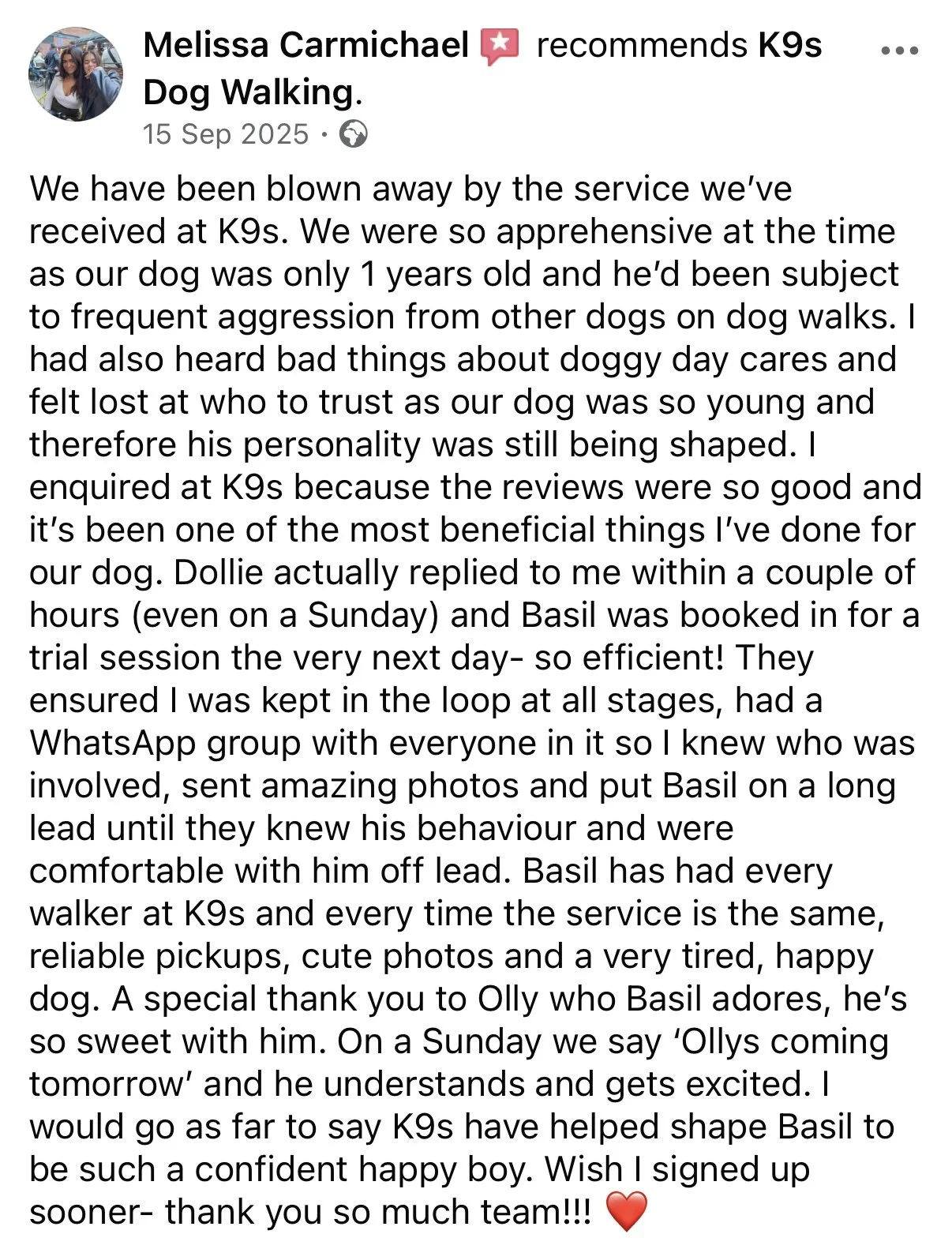 Screenshot of a Facebook post with a review about K9 dog walking services. Contains a photo of two women with a dog, text detailing positive experiences with the service, and appreciation for the staff and dog, Basil.