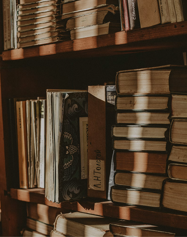 Books arranged on wooden shelves with some sunlight casting shadows.