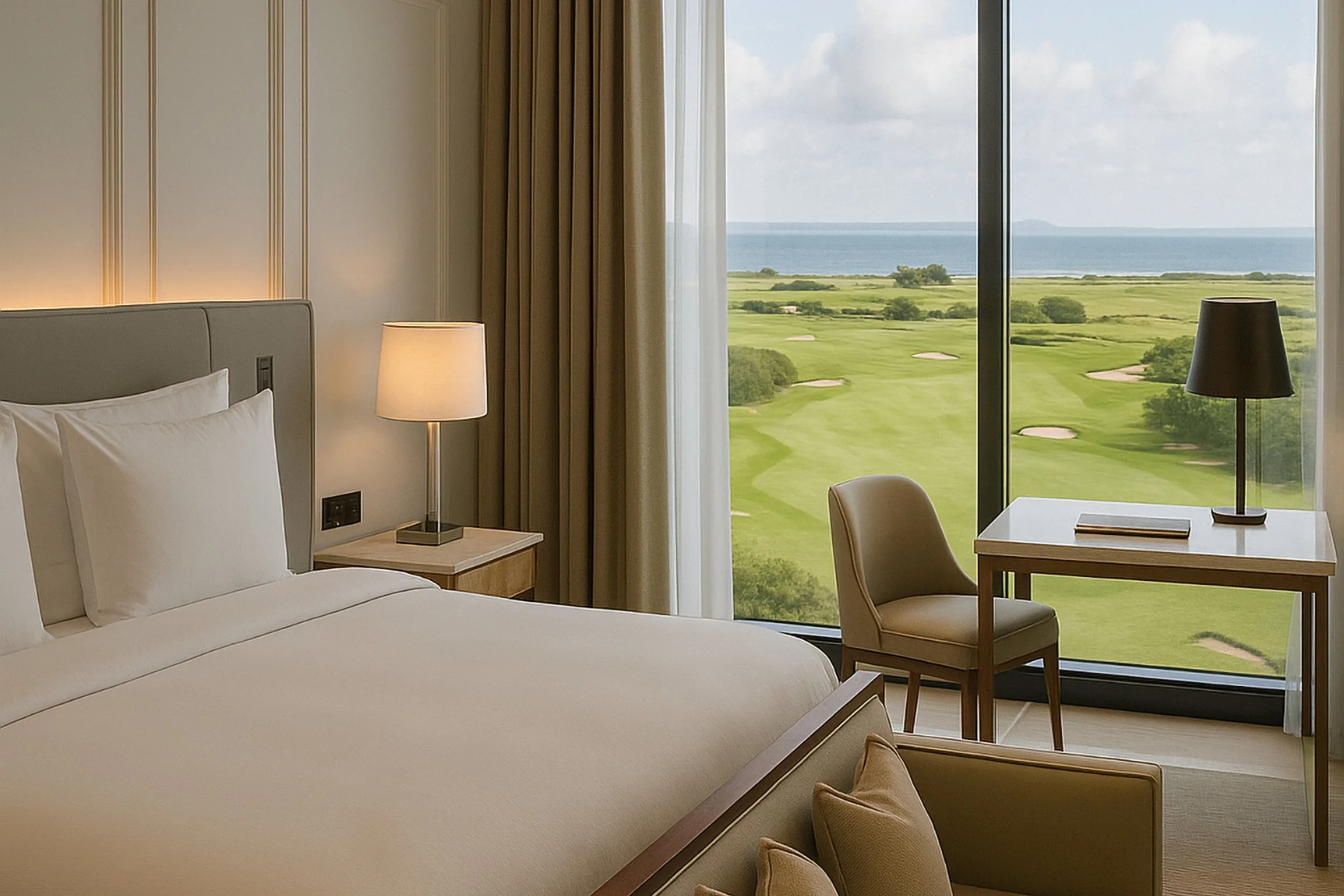 "A luxurious room at The Hawthorn at Galway Bay featuring comfortable lounge beds facing expansive floor-to-ceiling windows. The windows showcase a stunning view over a coastal golf course and the ocean."