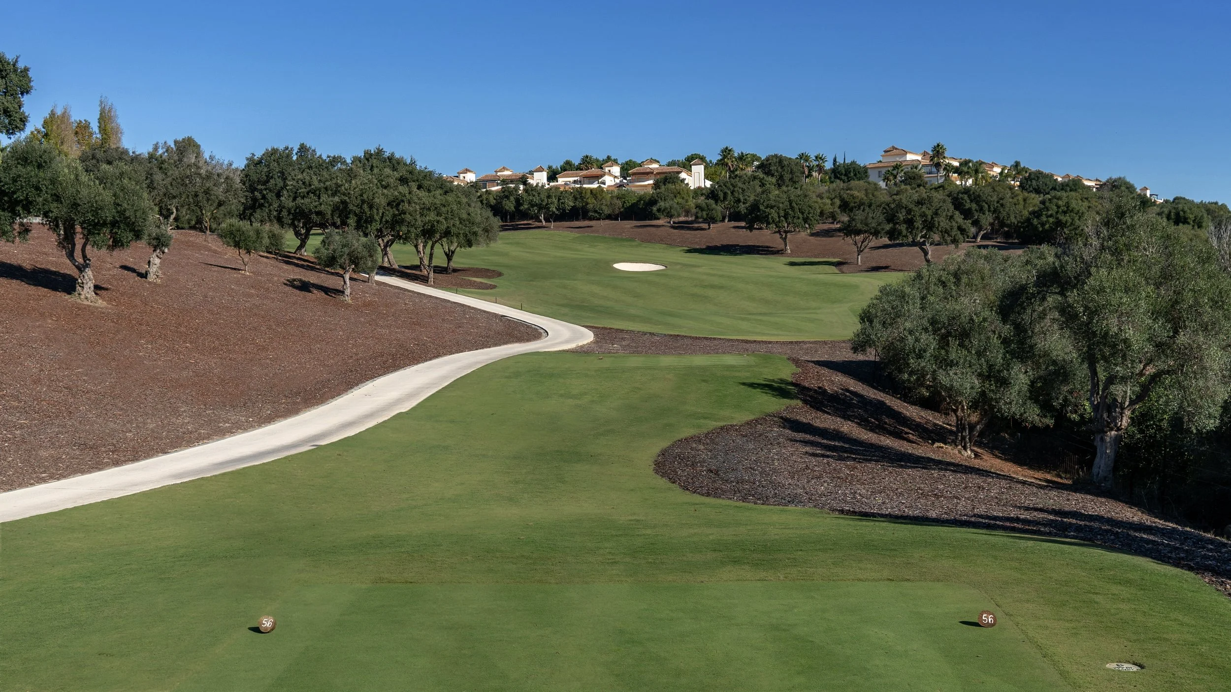 A golf course fairway with trees on both sides and a sand bunker in the background. The course is on a hillside with residential buildings visible at the top. A white golf ball marker with the number 56 is seen on the green.