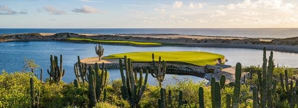 A golf course with a water hazard, green grass, and cacti in the foreground, under a partly cloudy sky.