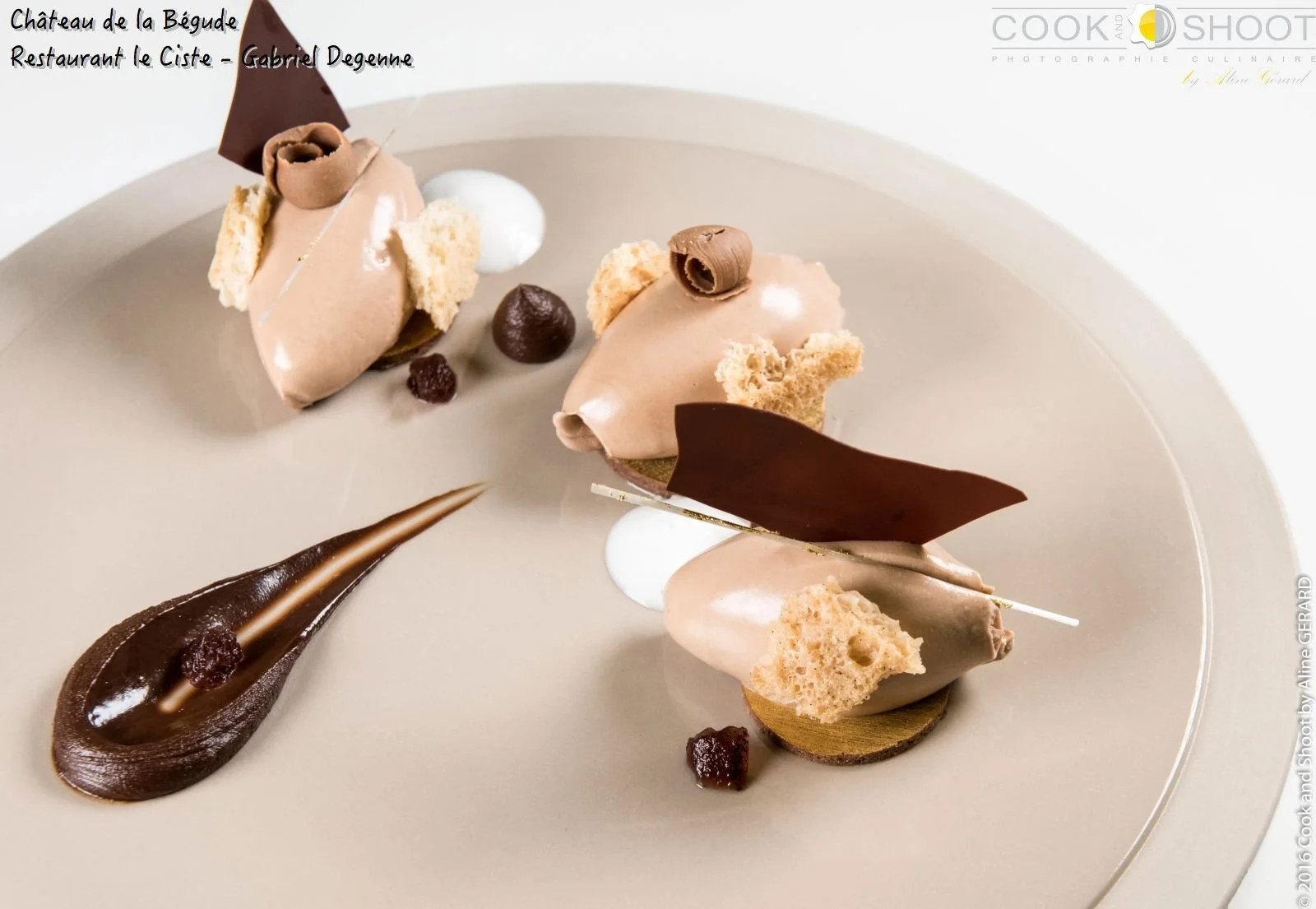 "A beautifully presented chocolate dessert served at the restaurant Le Ciste."