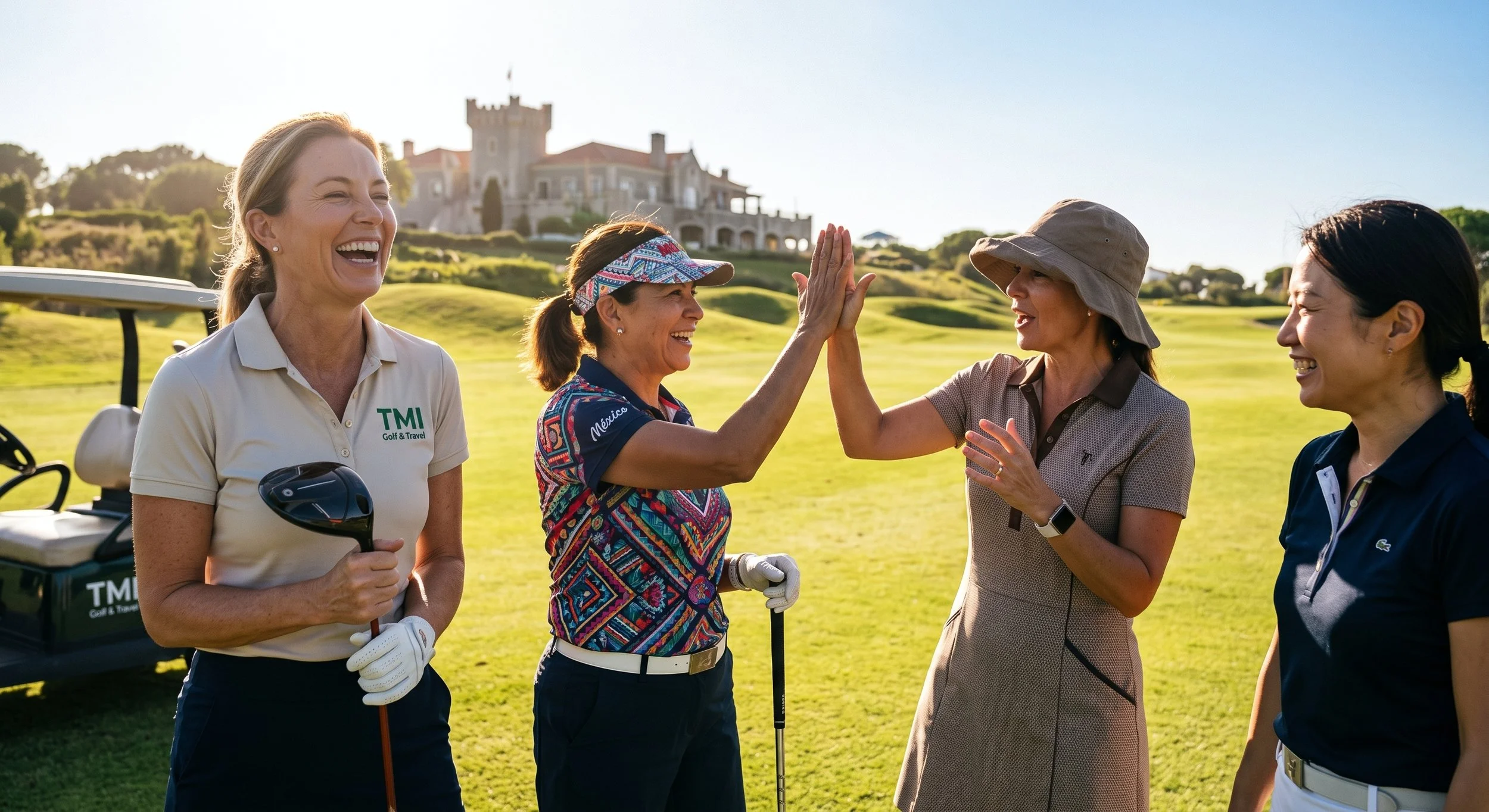 A cheerful group of female friends from different cultures celebrating with high-fives and laughter during a beautiful day on the golf course.  Golf Travel Company