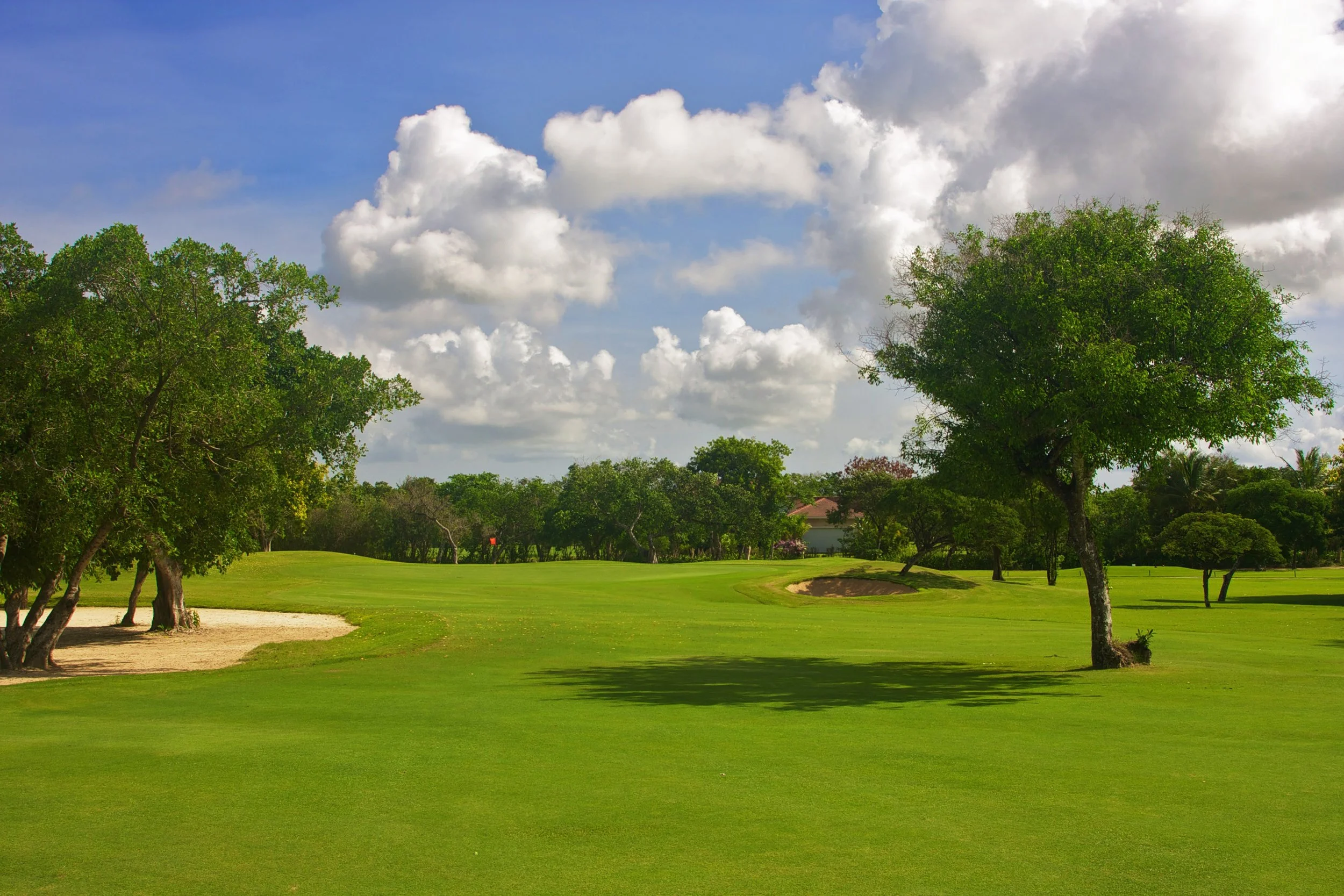 A golf course with green grass, sand bunkers, and scattered trees under a partly cloudy sky.