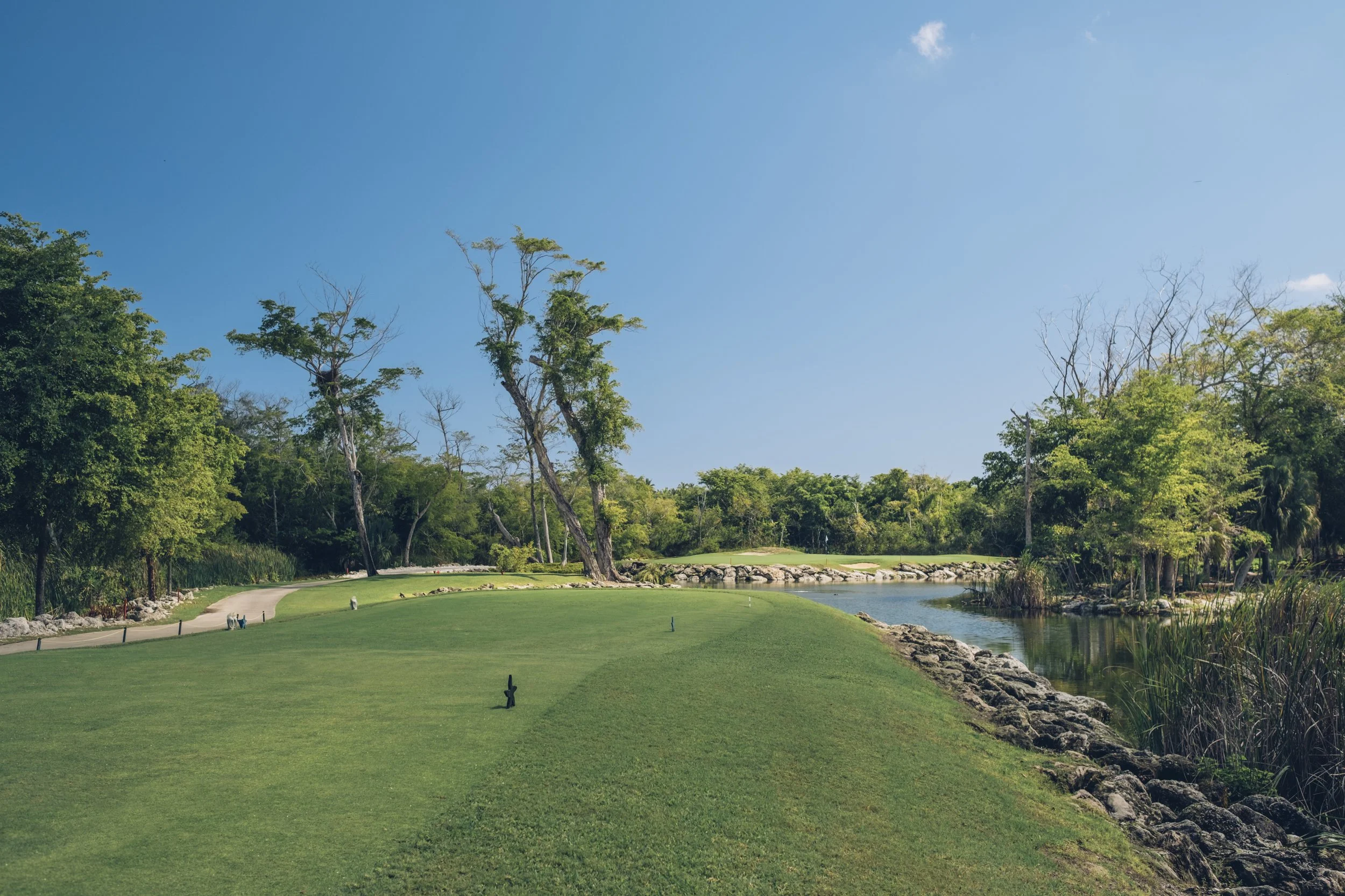 A scenic golf course with green grass, a pond on the right, and trees in the background under a clear blue sky.