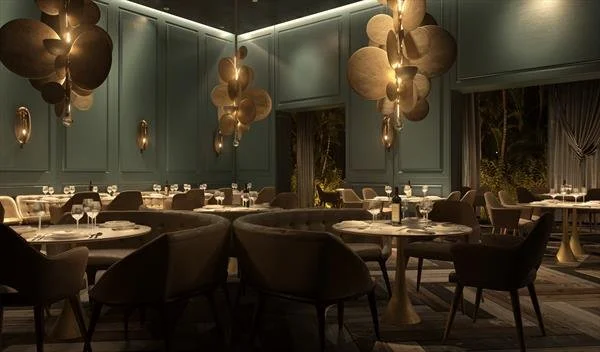Elegant restaurant interior with round tables, chairs, modern hanging light fixtures, and teal wall panels.