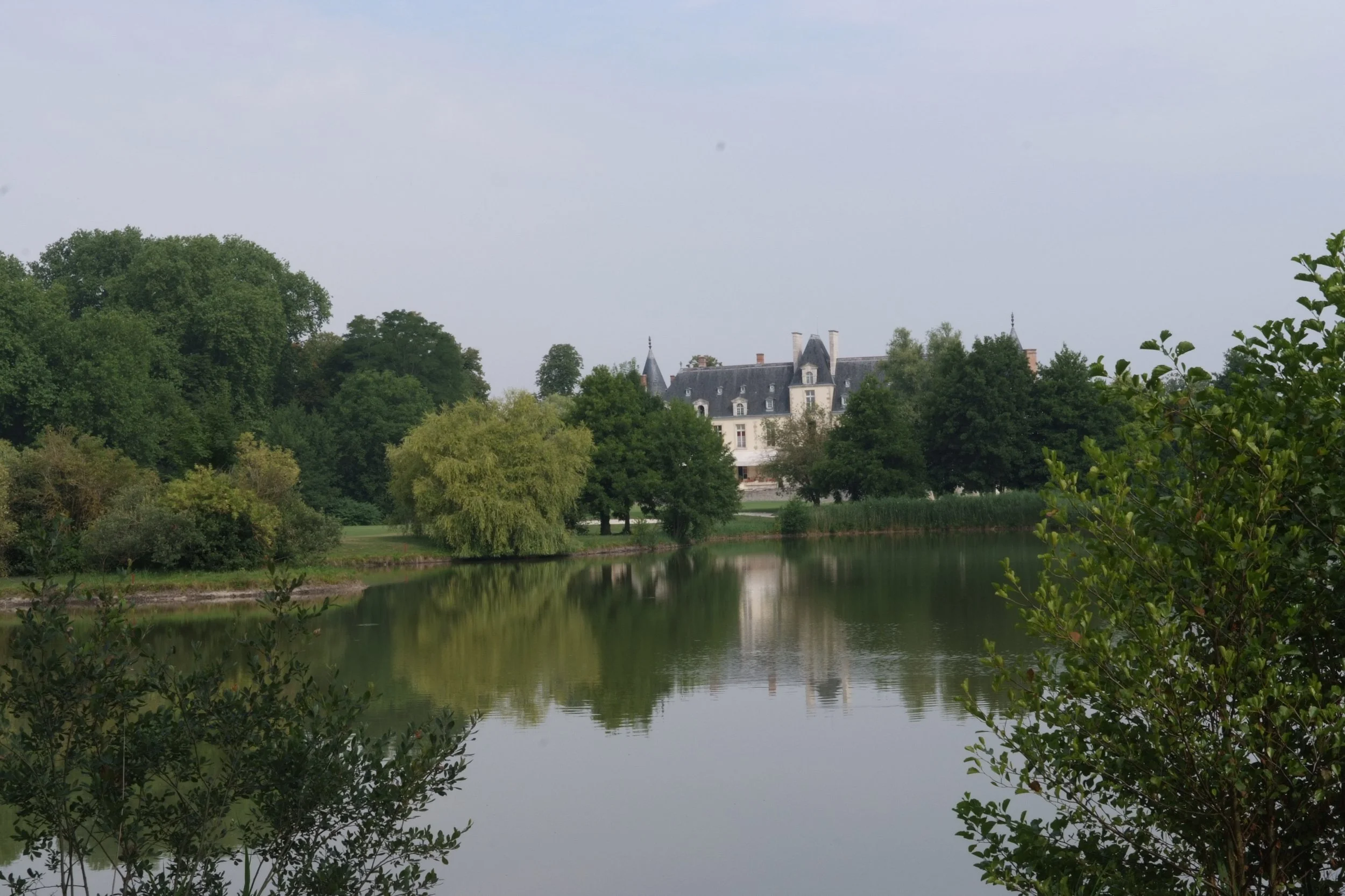 A scenic view of a river with trees on both sides, and a large white castle-like building with dark roofs in the background.