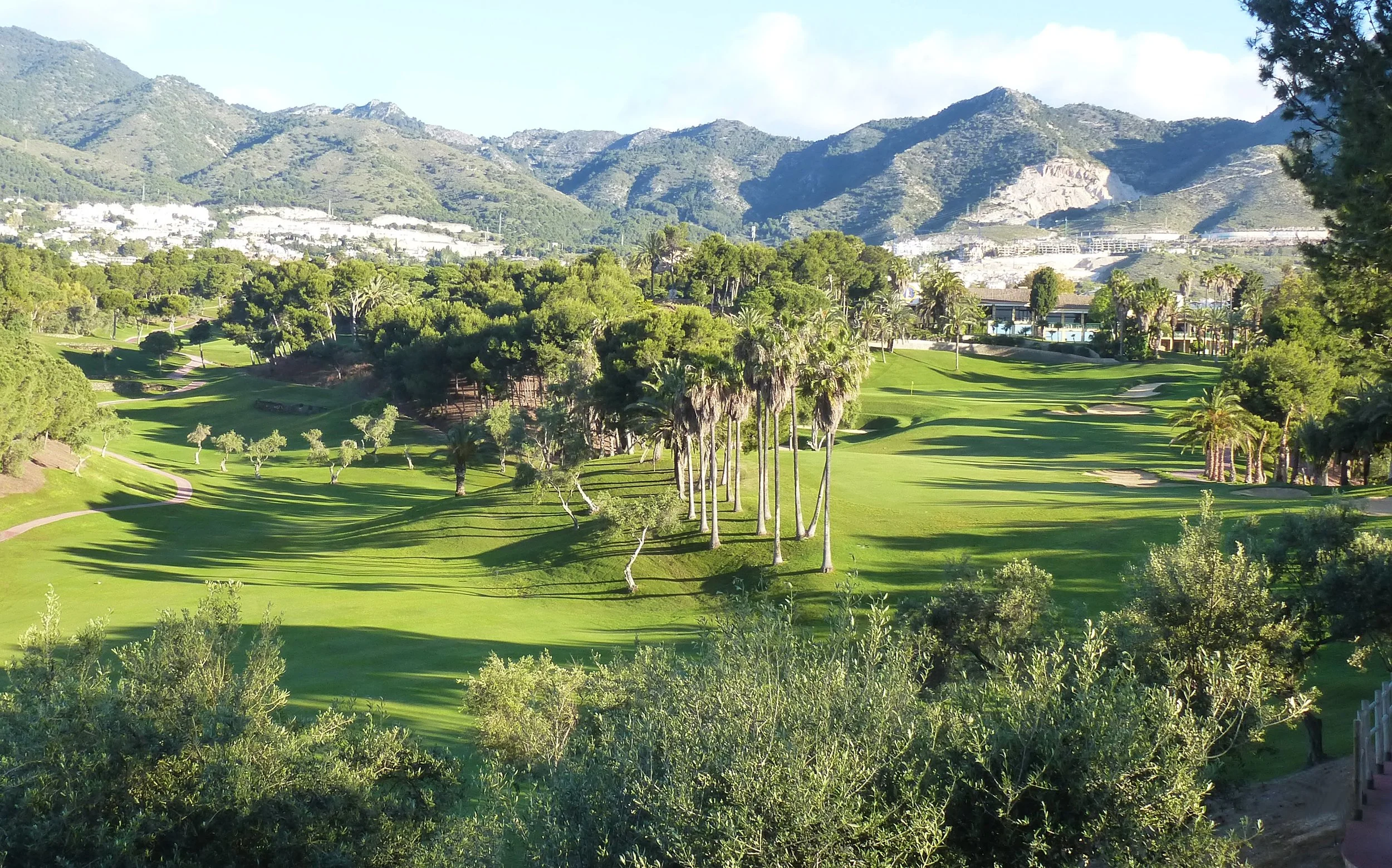 A scenic view of a golf course with lush green grass, scattered trees including palm trees, and mountains in the background under a blue sky with some clouds.